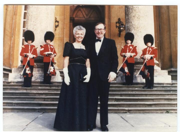 Ms. Newman's dress on the steps of Blenhein Castle, London England