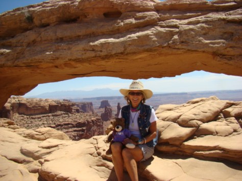 Ms. Newman with her bear, Mr Bear at Arches Nat'l Park