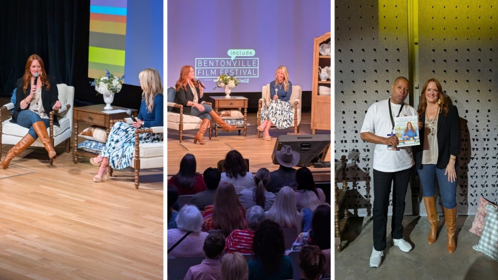 Ree Drummond, "The Pioneer Woman," speaks on stage during her "Coffee Talk" session at the 2026 Bentonville Film Festival in Bentonville, Arkansas. At right, Brian Sebastian with Drummond following the event.